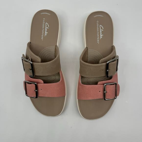 Clarks Cloudsteppers Womens Size 8M Drift Buckle Peach Combine Rose Khaki Slides - Picture 4 of 8